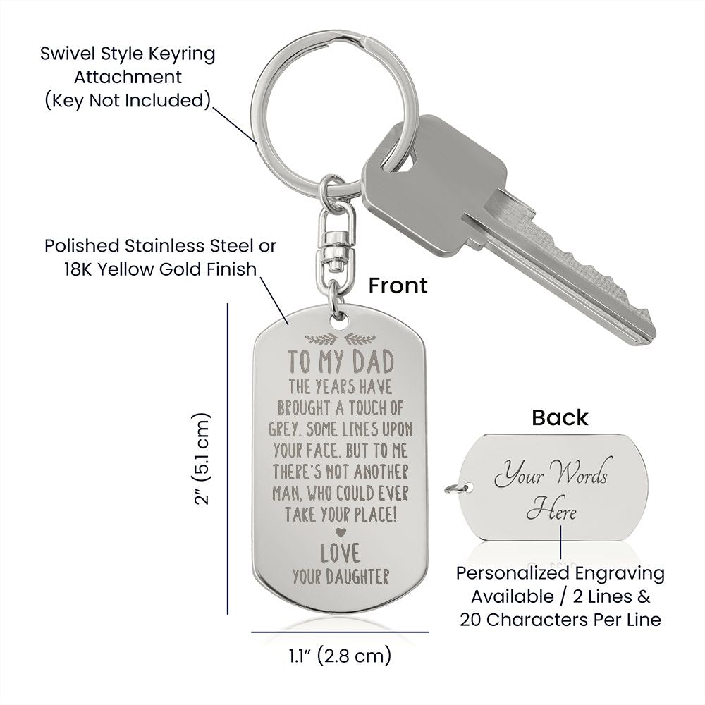Create a unique keepsake with our Engraved Dog Tag Keychain. This high-quality stainless steel piece can be customized on the back in a scripted font, with 2 lines of text, up to 20 characters each.