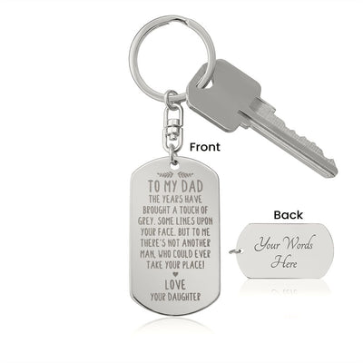 Create a unique keepsake with our Engraved Dog Tag Keychain. This high-quality stainless steel piece can be customized on the back in a scripted font, with 2 lines of text, up to 20 characters each.