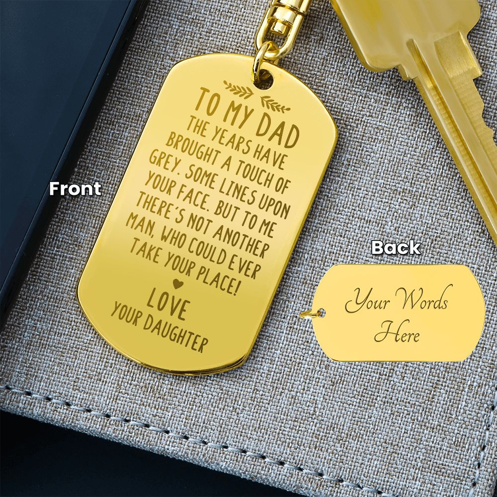 Create a unique keepsake with our Engraved Dog Tag Keychain. This high-quality stainless steel piece can be customized on the back in a scripted font, with 2 lines of text, up to 20 characters each.