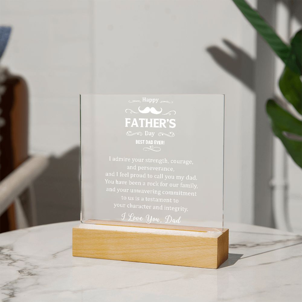 Say 'Happy Father's Day' in style with this beautiful Happy Father's Day Square Acrylic Plaque. Perfect for walls, shelves or mantles, this plaque adds a special touch to your Father's Day celebration.