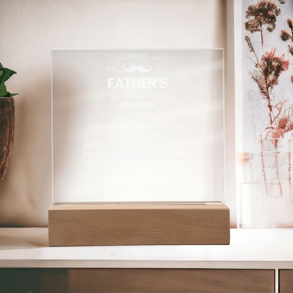Say 'Happy Father's Day' in style with this beautiful Happy Father's Day Square Acrylic Plaque. Perfect for walls, shelves or mantles, this plaque adds a special touch to your Father's Day celebration.