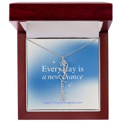 Give the gift of support and new beginnings with our Supportive New Chance Flower Name Necklace. This delicate necklace features a beautiful flower design with your choice of name, reminding the wearer of their inner strength and potential for growth. A thoughtful and meaningful piece, perfect for any occasion.