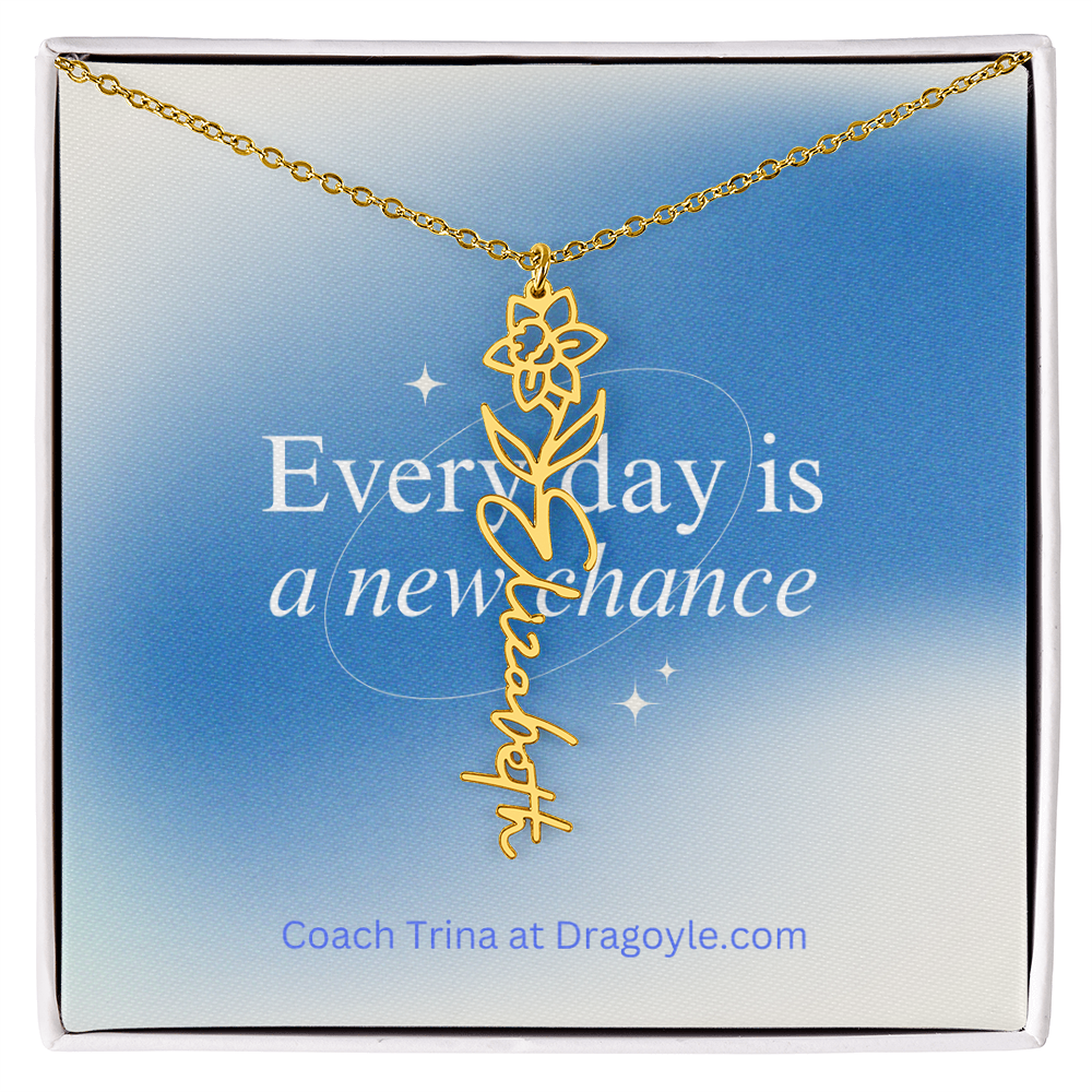 Give the gift of support and new beginnings with our Supportive New Chance Flower Name Necklace. This delicate necklace features a beautiful flower design with your choice of name, reminding the wearer of their inner strength and potential for growth. A thoughtful and meaningful piece, perfect for any occasion.