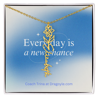 Give the gift of support and new beginnings with our Supportive New Chance Flower Name Necklace. This delicate necklace features a beautiful flower design with your choice of name, reminding the wearer of their inner strength and potential for growth. A thoughtful and meaningful piece, perfect for any occasion.