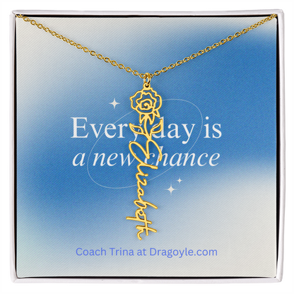 Give the gift of support and new beginnings with our Supportive New Chance Flower Name Necklace. This delicate necklace features a beautiful flower design with your choice of name, reminding the wearer of their inner strength and potential for growth. A thoughtful and meaningful piece, perfect for any occasion.