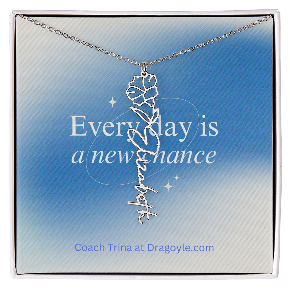 Give the gift of support and new beginnings with our Supportive New Chance Flower Name Necklace. This delicate necklace features a beautiful flower design with your choice of name, reminding the wearer of their inner strength and potential for growth. A thoughtful and meaningful piece, perfect for any occasion.