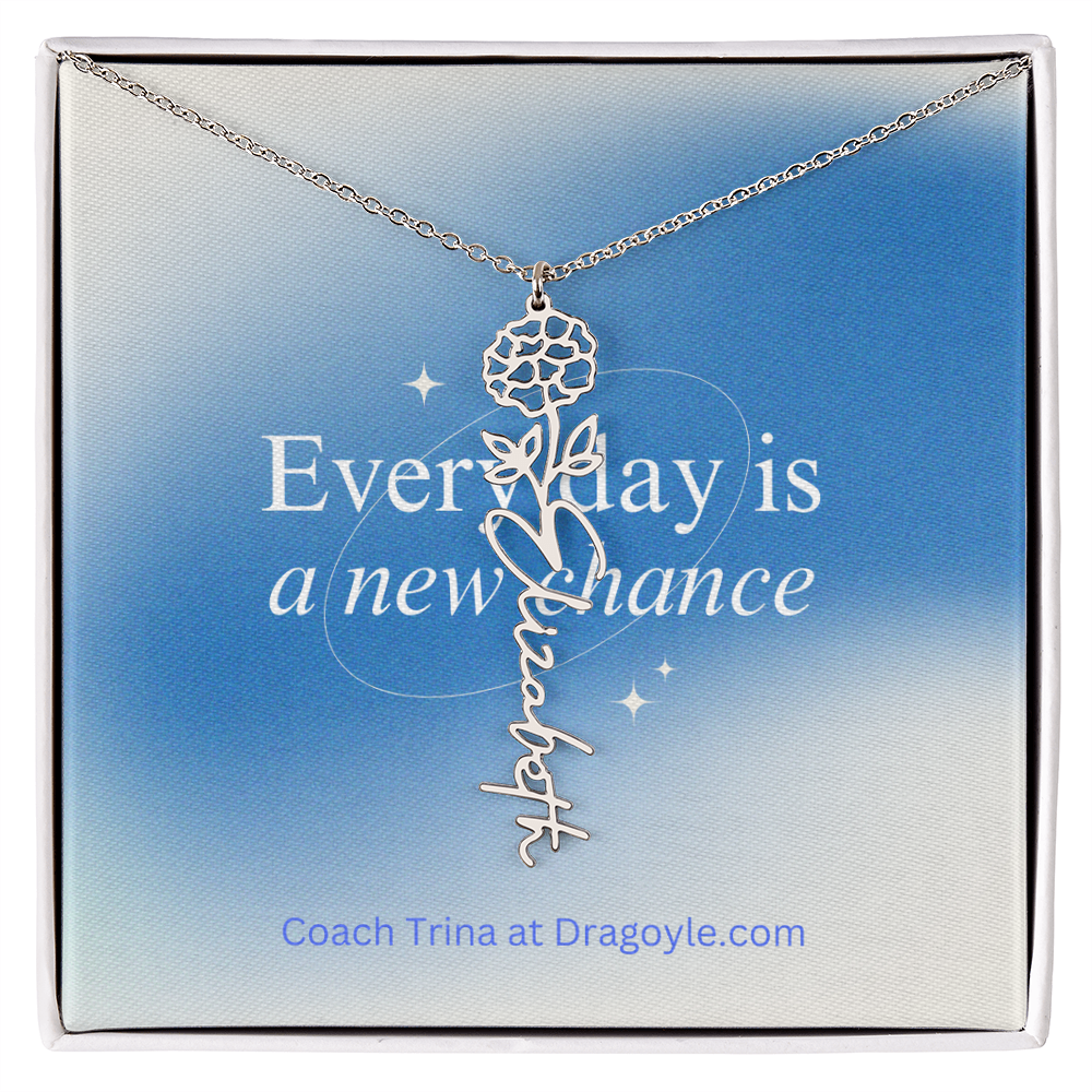 Give the gift of support and new beginnings with our Supportive New Chance Flower Name Necklace. This delicate necklace features a beautiful flower design with your choice of name, reminding the wearer of their inner strength and potential for growth. A thoughtful and meaningful piece, perfect for any occasion.