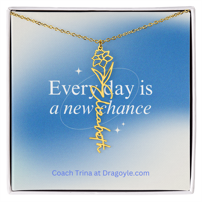 Give the gift of support and new beginnings with our Supportive New Chance Flower Name Necklace. This delicate necklace features a beautiful flower design with your choice of name, reminding the wearer of their inner strength and potential for growth. A thoughtful and meaningful piece, perfect for any occasion.