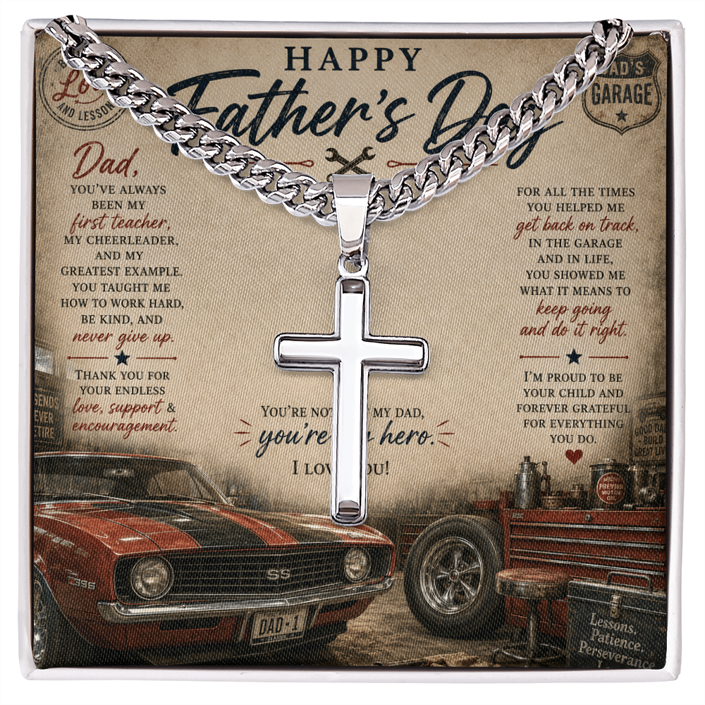 Honor the strength, faith, and guidance of an incredible father with the Happy Father’s Day Artisan Cross with Cuban Link Chain.