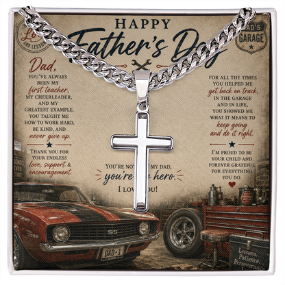 Honor the strength, faith, and guidance of an incredible father with the Happy Father’s Day Artisan Cross with Cuban Link Chain.