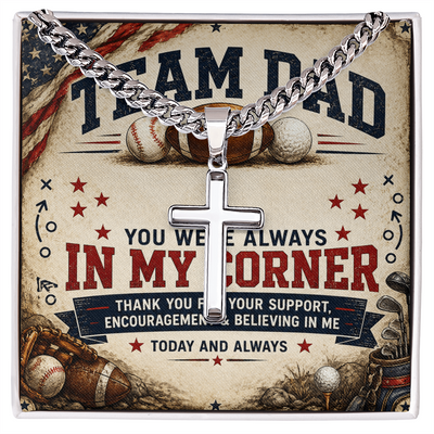 Team Dad In My Corner Artisan Cross With Cuban Link Chain Necklace