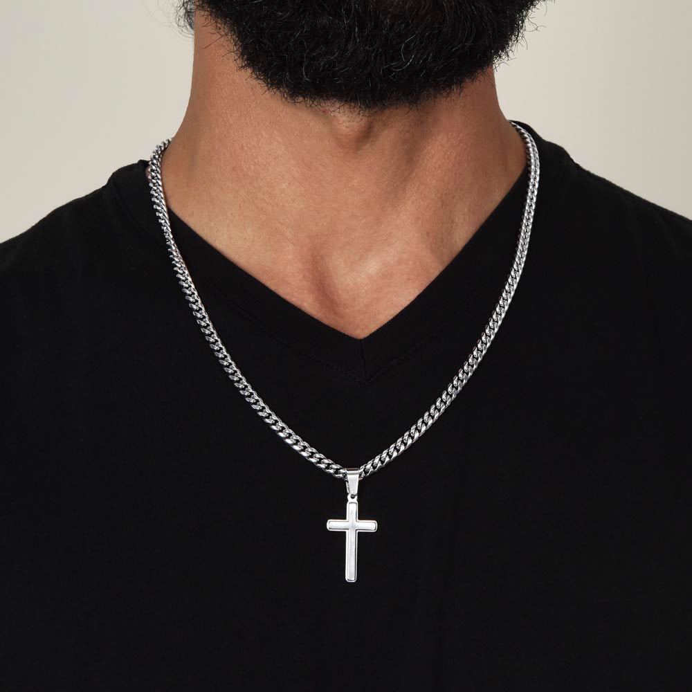 Honor the strength, faith, and guidance of an incredible father with the Happy Father’s Day Artisan Cross with Cuban Link Chain.