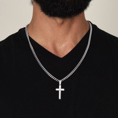 Honor the strength, faith, and guidance of an incredible father with the Happy Father’s Day Artisan Cross with Cuban Link Chain.