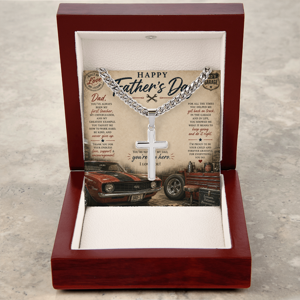 Honor the strength, faith, and guidance of an incredible father with the Happy Father’s Day Artisan Cross with Cuban Link Chain.