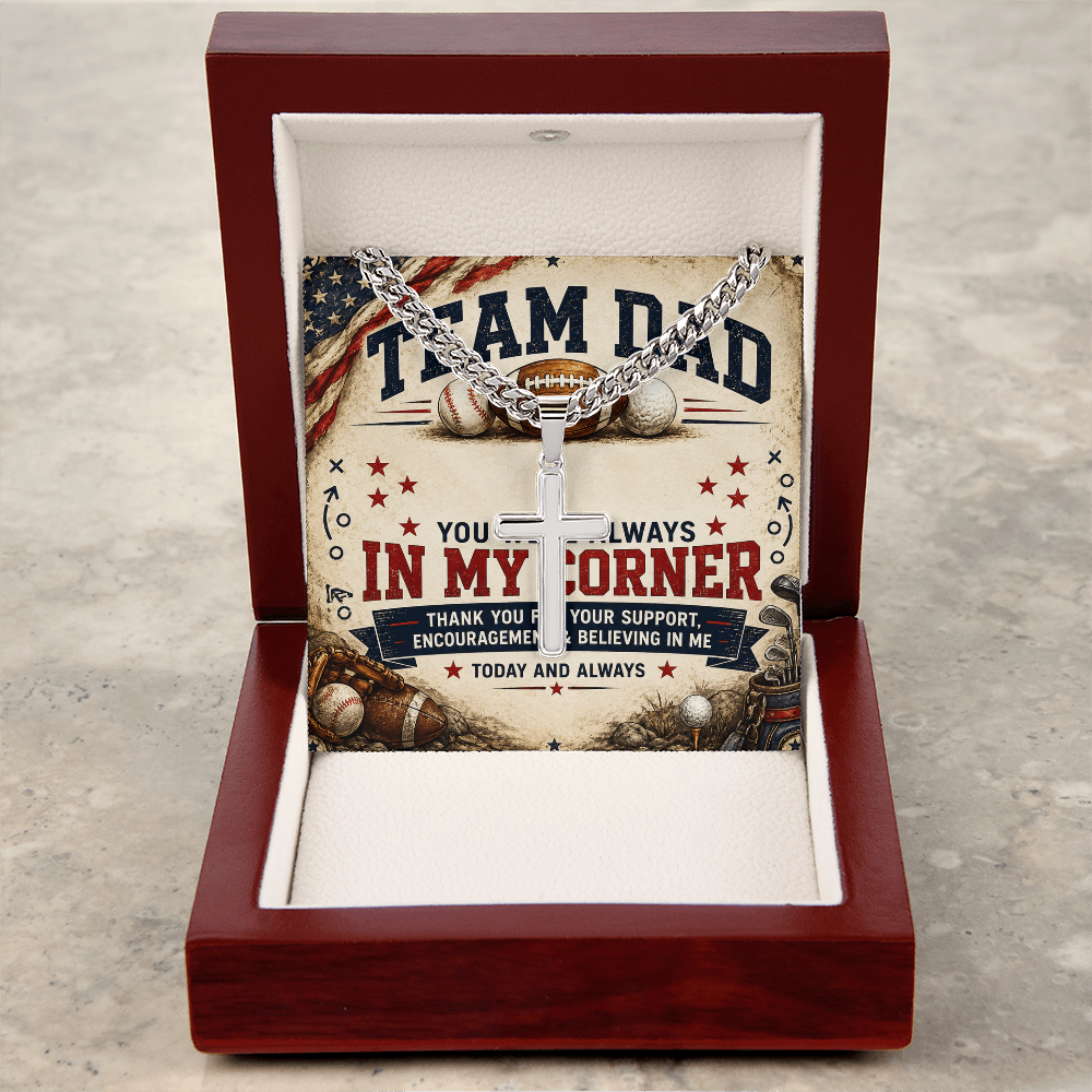Team Dad In My Corner Artisan Cross With Cuban Link Chain Necklace