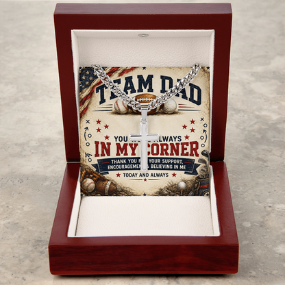 Team Dad In My Corner Artisan Cross With Cuban Link Chain Necklace
