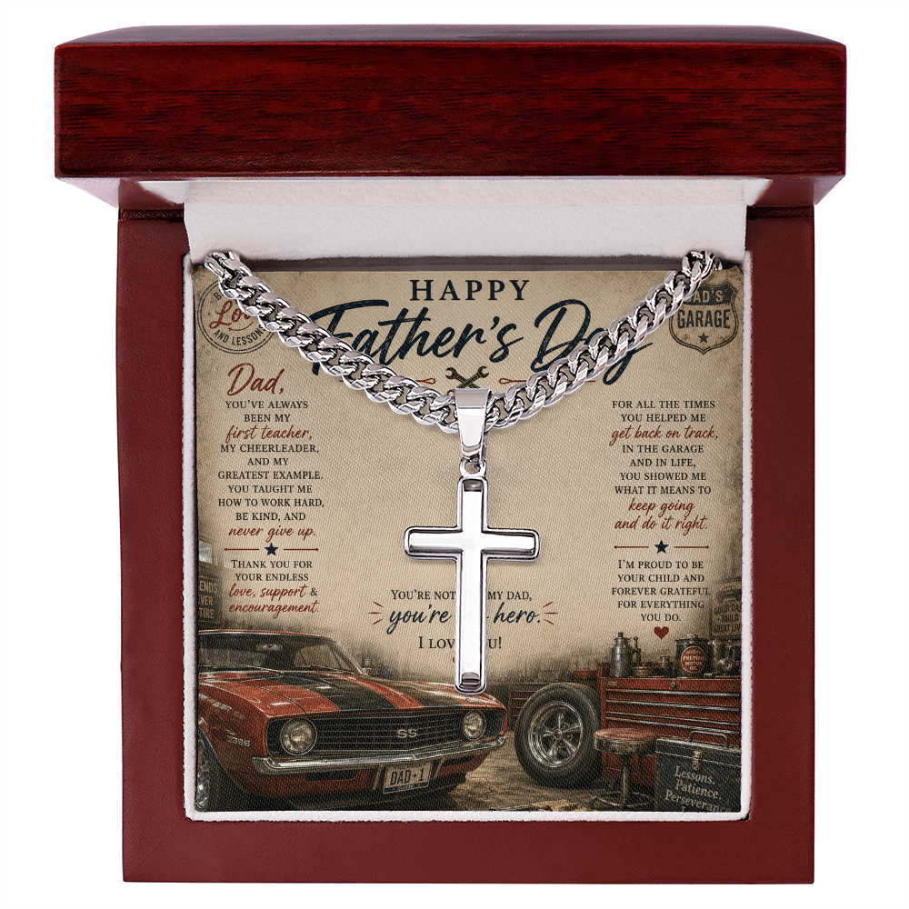 Honor the strength, faith, and guidance of an incredible father with the Happy Father’s Day Artisan Cross with Cuban Link Chain.