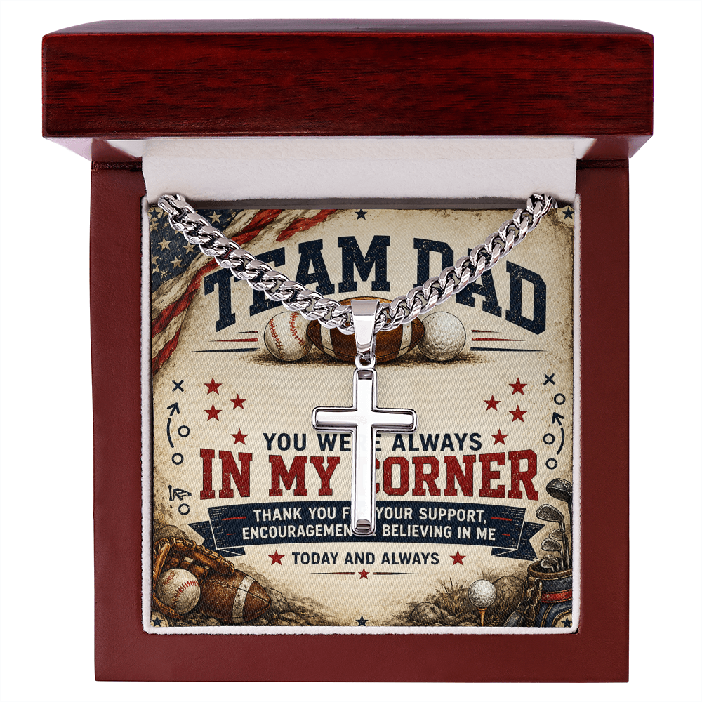 Team Dad In My Corner Artisan Cross With Cuban Link Chain Necklace