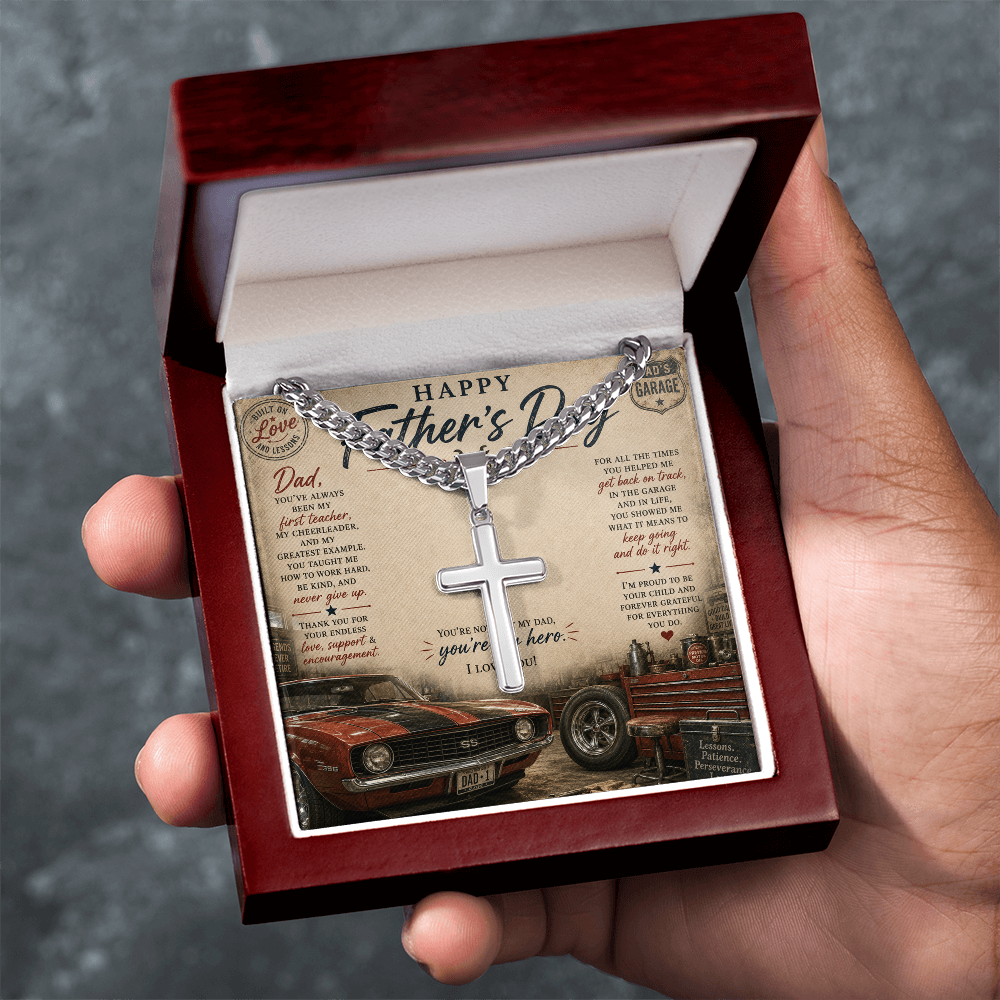 Honor the strength, faith, and guidance of an incredible father with the Happy Father’s Day Artisan Cross with Cuban Link Chain.