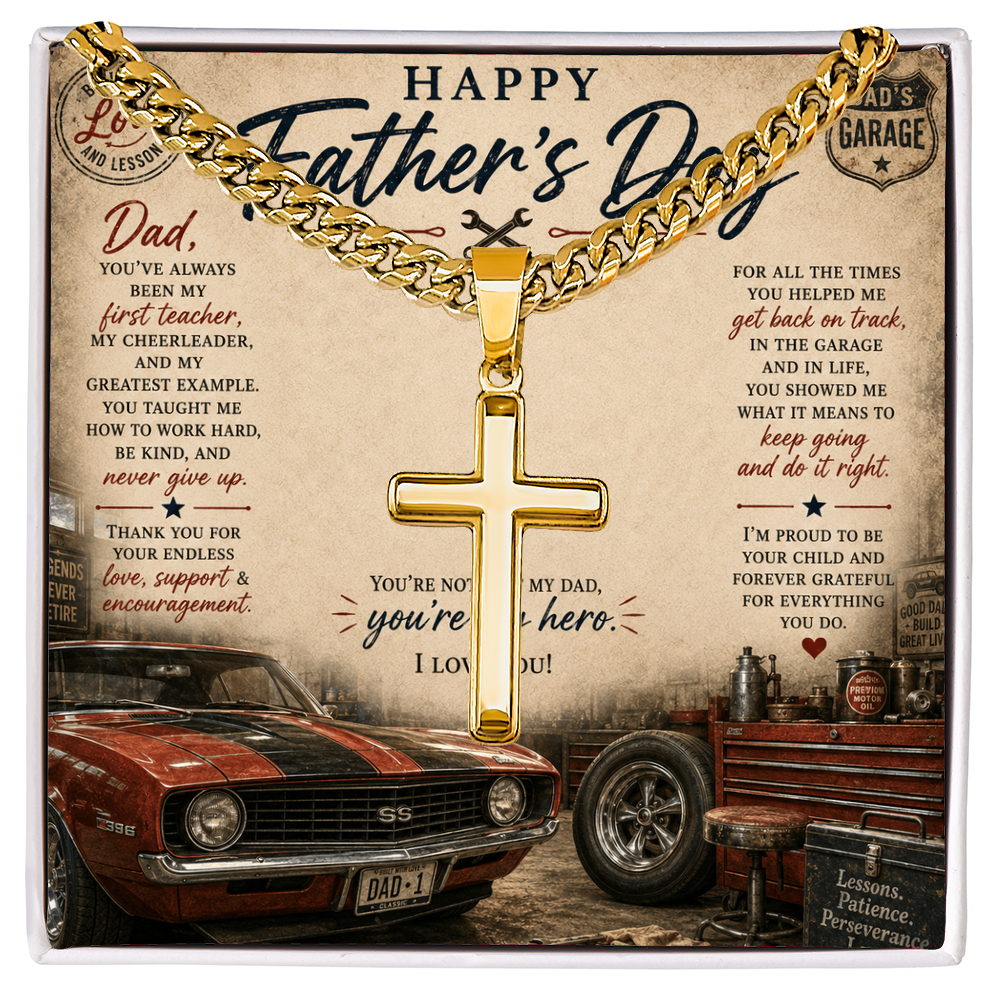 Honor the strength, faith, and guidance of an incredible father with the Happy Father’s Day Artisan Cross with Cuban Link Chain.