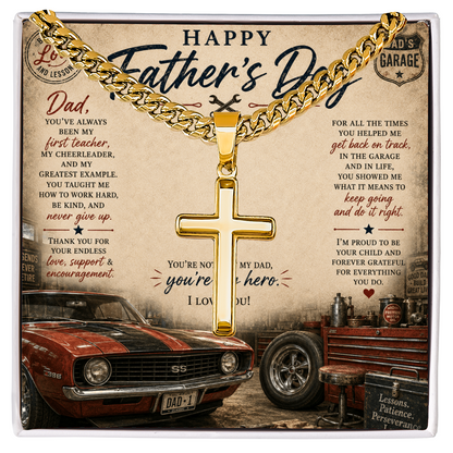 Honor the strength, faith, and guidance of an incredible father with the Happy Father’s Day Artisan Cross with Cuban Link Chain.