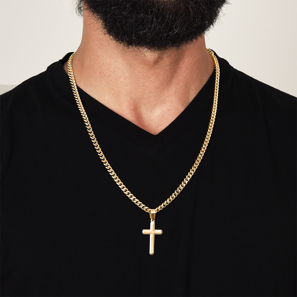 Honor the strength, faith, and guidance of an incredible father with the Happy Father’s Day Artisan Cross with Cuban Link Chain.