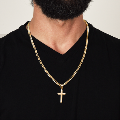 Honor the strength, faith, and guidance of an incredible father with the Happy Father’s Day Artisan Cross with Cuban Link Chain.
