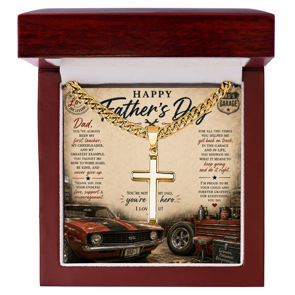 Honor the strength, faith, and guidance of an incredible father with the Happy Father’s Day Artisan Cross with Cuban Link Chain.