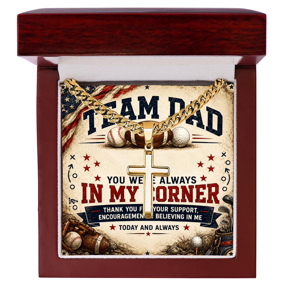 Team Dad In My Corner Artisan Cross With Cuban Link Chain Necklace