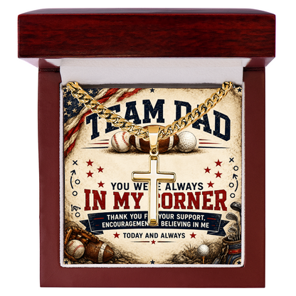 Team Dad In My Corner Artisan Cross With Cuban Link Chain Necklace