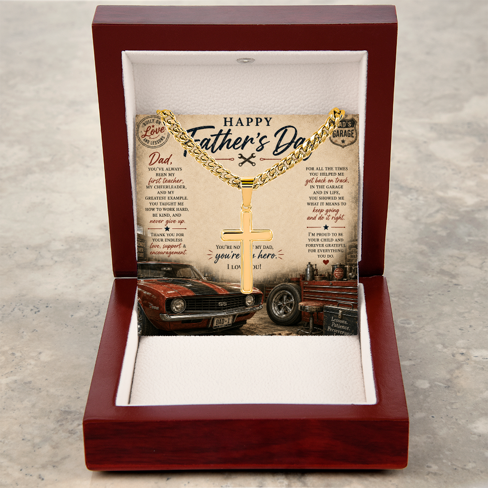 Honor the strength, faith, and guidance of an incredible father with the Happy Father’s Day Artisan Cross with Cuban Link Chain.