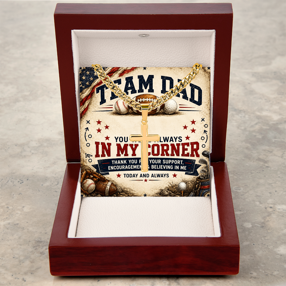 Team Dad In My Corner Artisan Cross With Cuban Link Chain Necklace