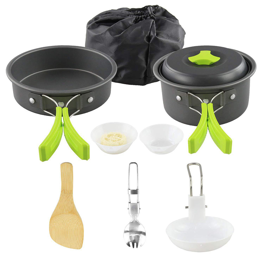 Crafted from durable aluminum, these camping cookware kits offer lightweight and efficient heat distribution for outdoor cooking. Designed for ease of use and portability, they include essential pots and pans to prepare meals effortlessly while camping. 