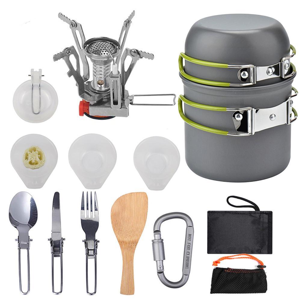 Crafted from durable aluminum, these camping cookware kits offer lightweight and efficient heat distribution for outdoor cooking. Designed for ease of use and portability, they include essential pots and pans to prepare meals effortlessly while camping. 