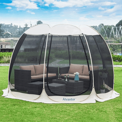 Enjoy the outdoors with this must-have hexagon screen canopy. Perfect for camping, picnics, backyards, and parties, it provides a sturdy and comfortable outdoor space to enjoy with friends and family. Get yours today before they run out - act fast!
