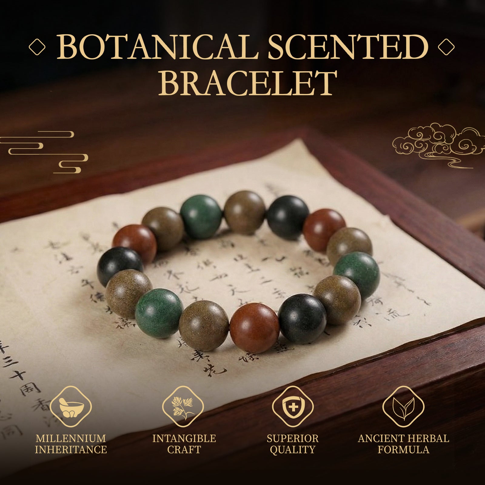 Botanical scented bracelet on a wooden tray with text and icons