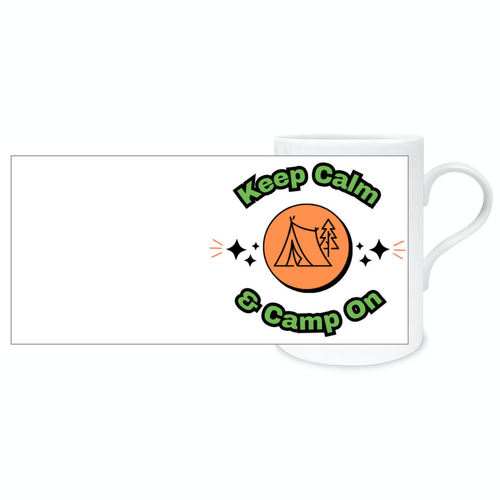 Stay calm while sipping your morning coffee in this high-quality Keep Calm &amp; Camp On Bone China Mug. Perfect for your camping trips or everyday use, this mug is both durable and stylish. Enjoy your drink and embrace the spirit of camping with this inspiring and practical mug.