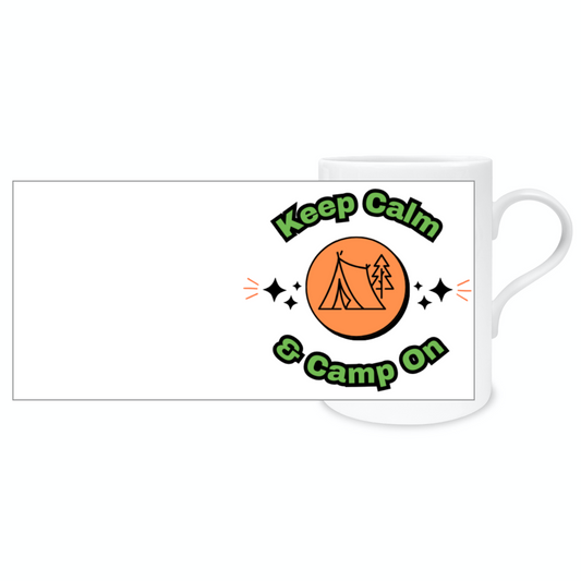 Stay calm while sipping your morning coffee in this high-quality Keep Calm &amp; Camp On Bone China Mug. Perfect for your camping trips or everyday use, this mug is both durable and stylish. Enjoy your drink and embrace the spirit of camping with this inspiring and practical mug.