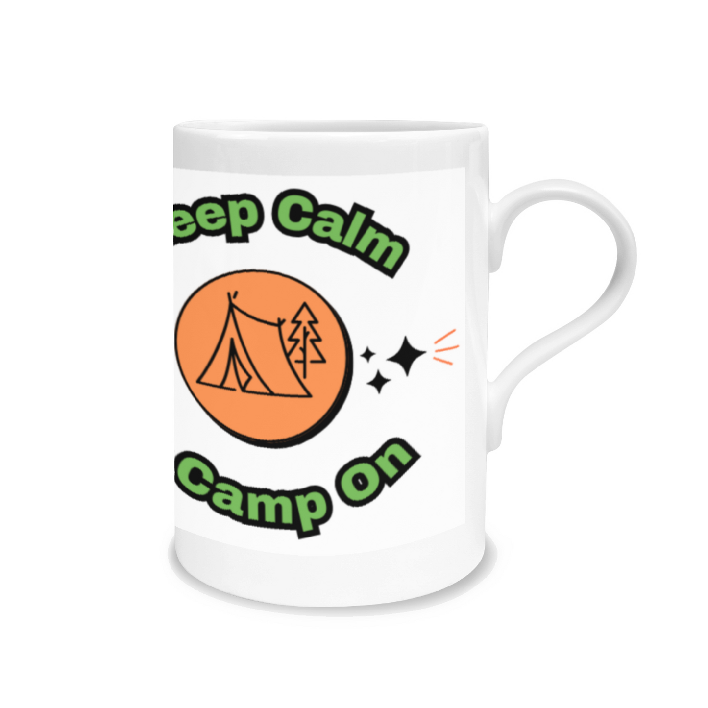 Stay calm while sipping your morning coffee in this high-quality Keep Calm &amp; Camp On Bone China Mug. Perfect for your camping trips or everyday use, this mug is both durable and stylish. Enjoy your drink and embrace the spirit of camping with this inspiring and practical mug.