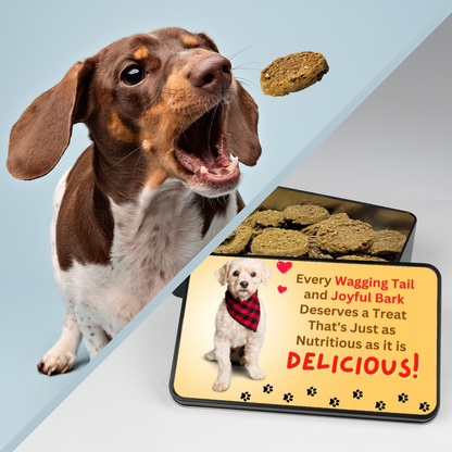 With approximately 8oz of treats in each tin, our gourmet dog cookies offer a delightful way to reward your canine friends with snacks that reflect a clean and healthy lifestyle, just like yours. Treat your dog to the best: wholesome goodness in every bite.