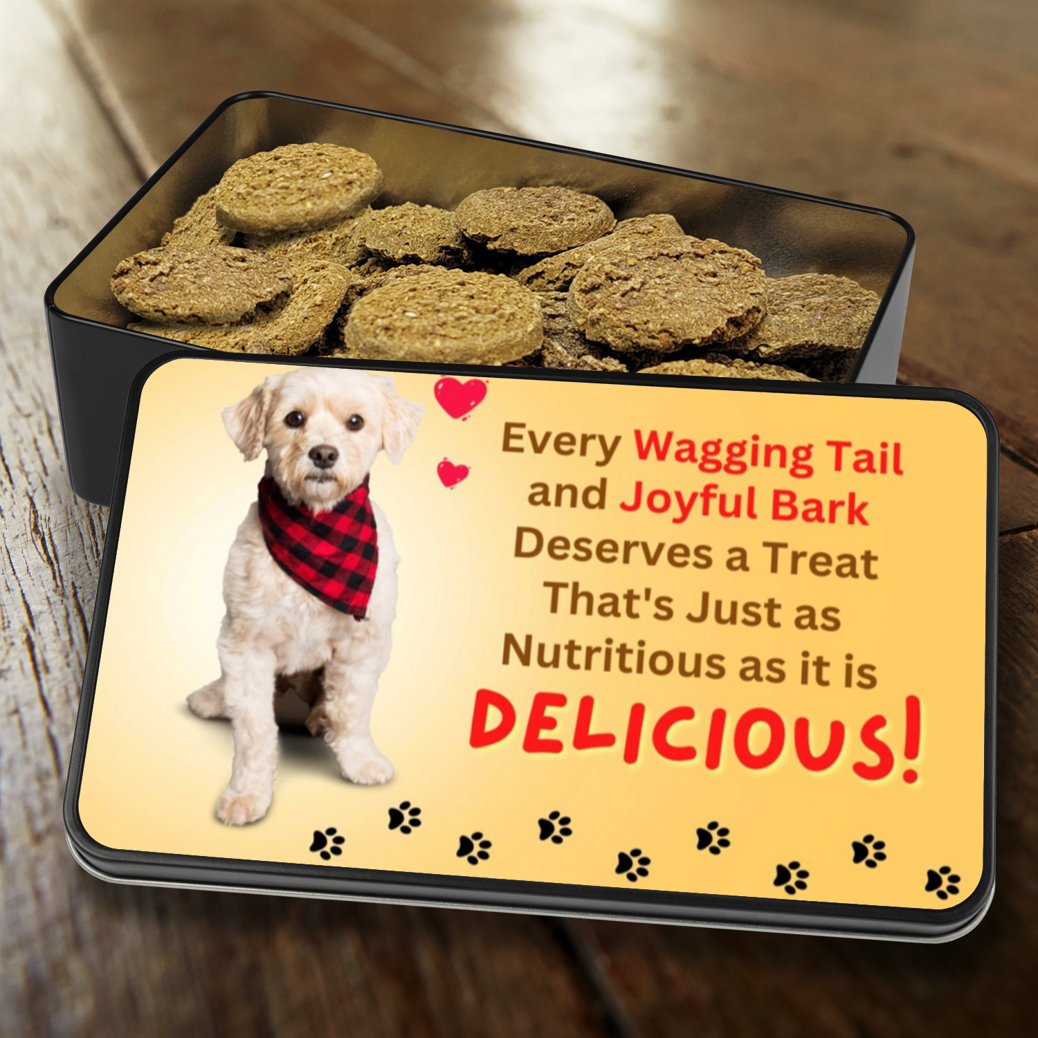 With approximately 8oz of treats in each tin, our gourmet dog cookies offer a delightful way to reward your canine friends with snacks that reflect a clean and healthy lifestyle, just like yours. Treat your dog to the best: wholesome goodness in every bite.