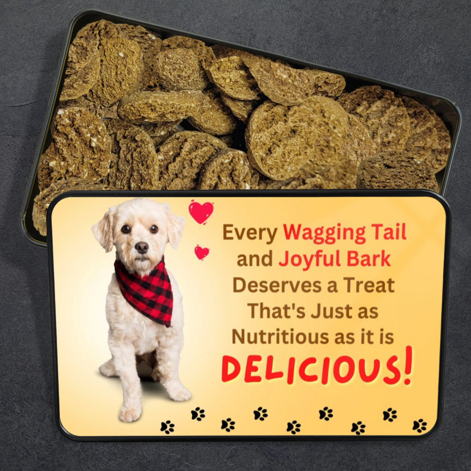 With approximately 8oz of treats in each tin, our gourmet dog cookies offer a delightful way to reward your canine friends with snacks that reflect a clean and healthy lifestyle, just like yours. Treat your dog to the best: wholesome goodness in every bite.