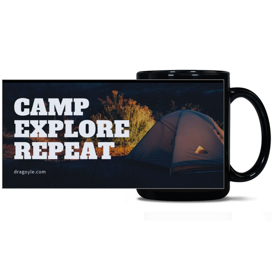 Embrace your love for camping with the Camp Explore Repeat 15oz Black Mug. Perfect for your morning cup of coffee or tea, this mug features a sleek black design and holds 15 ounces of your favorite beverage. Start your day with a dose of adventure and repeat it all over again!