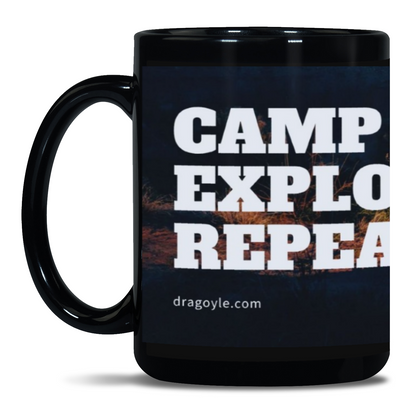 Embrace your love for camping with the Camp Explore Repeat 15oz Black Mug. Perfect for your morning cup of coffee or tea, this mug features a sleek black design and holds 15 ounces of your favorite beverage. Start your day with a dose of adventure and repeat it all over again!