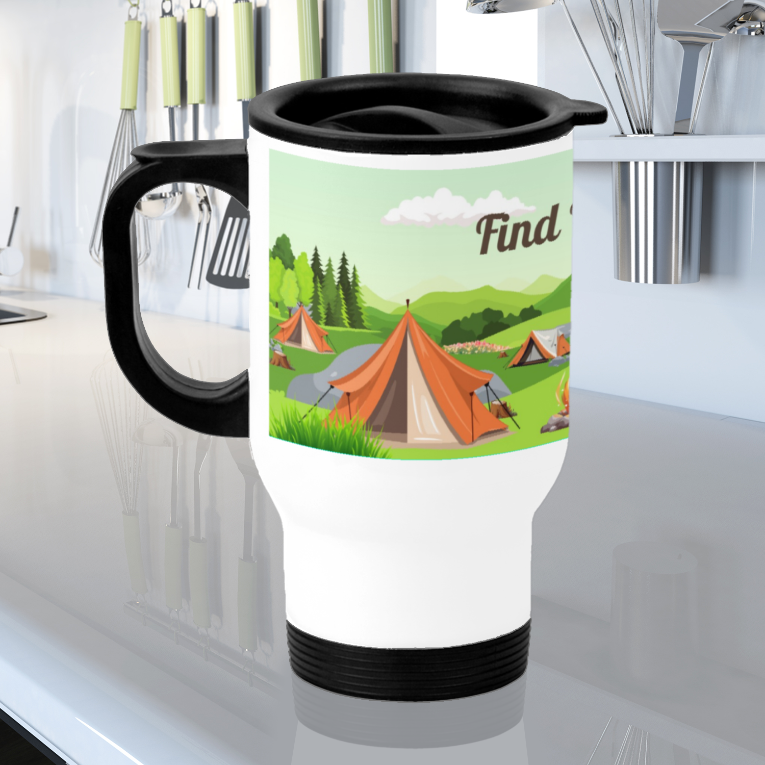 Introducing the Find Your Wild travel mug! Take your adventurous spirit with you on the go with this durable, insulated mug. Keep your drinks hot or cold while you explore the great outdoors