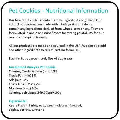 With approximately 8oz of treats in each tin, our gourmet dog cookies offer a delightful way to reward your canine friends with snacks that reflect a clean and healthy lifestyle, just like yours. Treat your dog to the best: wholesome goodness in every bite.