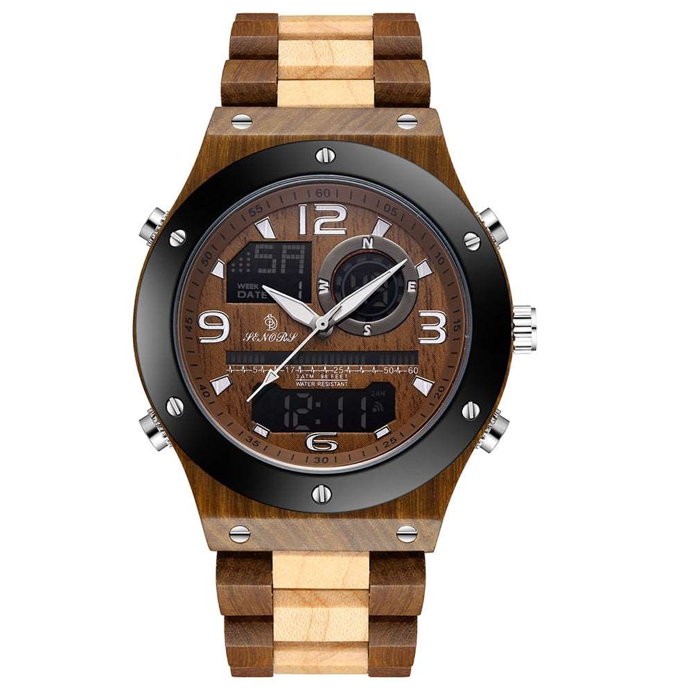 This Top Brand, High Quality Digital Wood Wristwatch is scratch resistant, has a sturdy stainless steal bottom cover, can be submerged up to 30 meters in water, has a luminous pointer and has multi-functional quartz movement. 