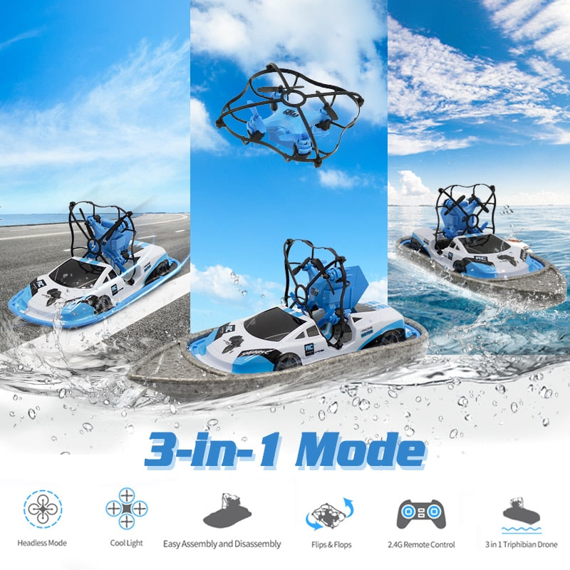 Remote Control Car Mode: Glide effortlessly across multiple surfaces including carpet, concrete, asphalt, packed earth and more. Hovercraft Mode: Turn on this mode when it is in shallow water with no waves. Drone Mode: Make any indoor space your playground. Flying is easy - even for beginners. Safe Angle mode provides self-leveling and limited pitch and bank angles to keep the craft stable and level when you let off the sticks.