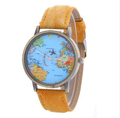 Beautiful Quartz Global Travel By-Plane Map Watch with Denim band. Comes in a great variety of colors to fit your individual personality. 