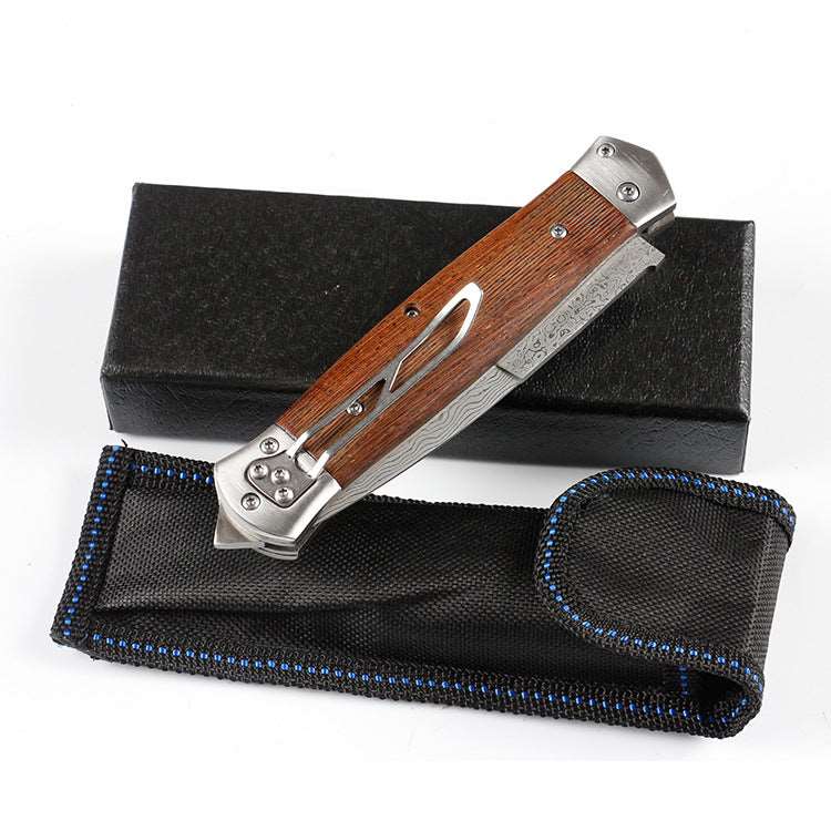 Full length: 22.8cm  Blade length: 9.3cm Handle length: 13.5cm Blade width: 2.1cm Blade thickness: 2.9mm Blade material: VG10 Damascus steel Weight: 185g Hardness: 57HRC Surface: Damascus original grain Handle material: chicken wing wood
